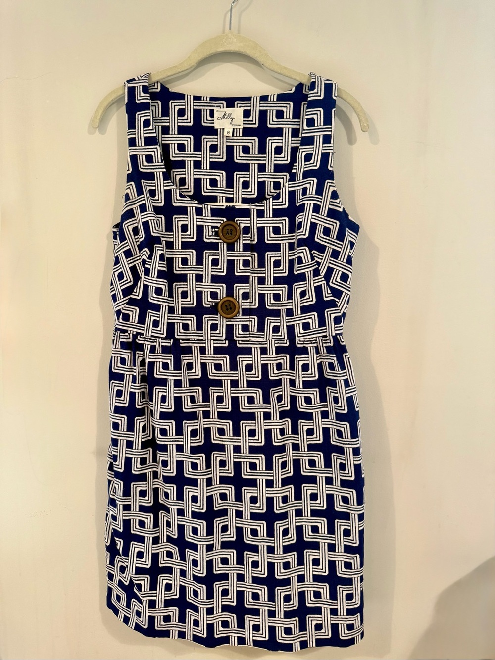 Milly Navy and White Geometric Sleeveless Shift Dress, Resort, Preppy Size 8